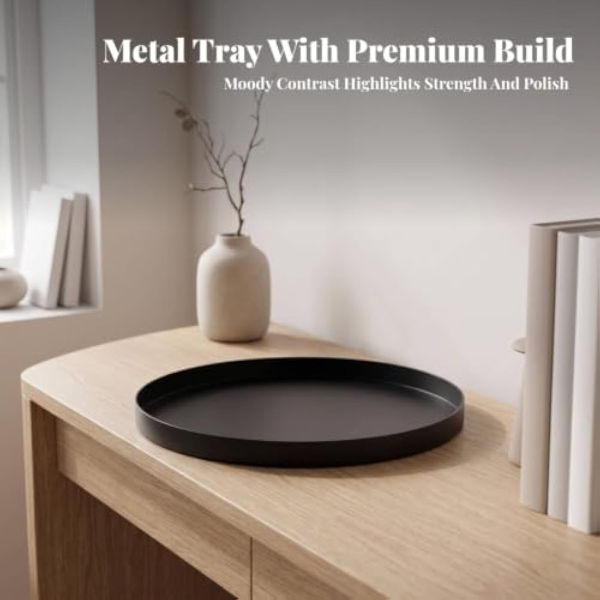 Decorative Round Tray with Metal Rim, Low-Height Design