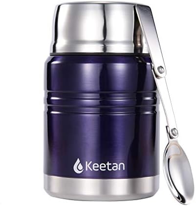 Keetan Vacuum Insulated Food Jar 18/8 Stainless Steel Lunch Box with Folding Spoon Double Walled Food Container BPA Free(Blue,17OZ)