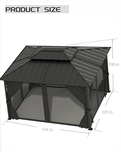 10x12 Ft Hardtop Gazebos with Heavy Duty Double Roof, Nettings and Curtains Galvanized Steel Outdoor Gazebos for Patio, Backyard, Deck, Lawn (Grey)
