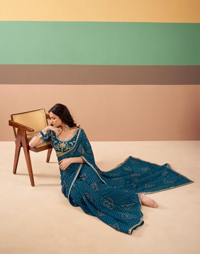 Image of SIRIL Women's Georgette Bandhani Printed, Embroidery Lace Saree With Unstitched Blouse Piece