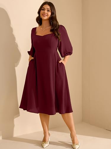 Image of RWJ Plus Size Dress for Women Fall 3 /4 Sleeve Sweetheart Neck Aline Casual Wedding Guest Formal Midi Dresses with Pockets