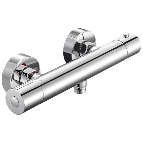 Auralum Grifo Ducha Termostático con Seguridad 38°C, Mezclador Monofuncional Antiquemaduras, Ducha termostático con Cartucho de Válvula Antical, Cromo