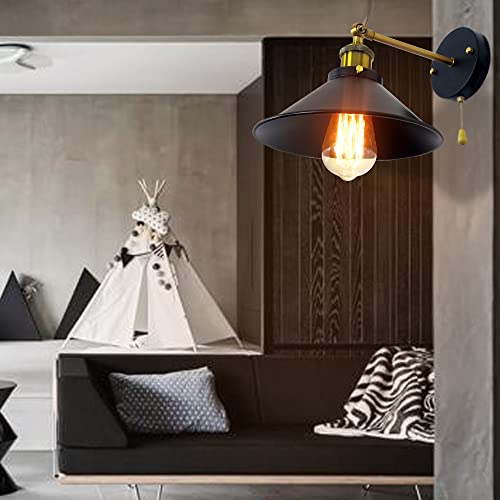 Vintopsh Black Metal Wall Sconce Light, 1-Light Farmhouse Lamp, Pull Chain Industrial Wall Light Fixture For Bedroom Bathroom Kitchen Porch (Black + Retro Gold) #TOP5