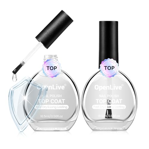 OpenLive 2Pcs Glossy Top Coat Clear Nail Polish, Quick Dry Regular Nail Polish, High Shine Finish Long-Lasting Color Protection No Chip Vegan Non-gel Salon Nail Art Gift for Women