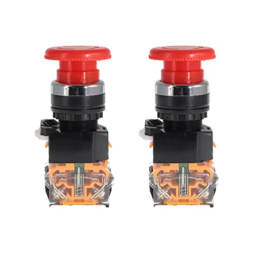 Shopcorp Mushroom Head Emergency Push Switch Button For Home Or Industrial Equipment And Mount Panels In Operating Rooms And Distribution Boxes, No Nc, 22Mm, Stay-Put (2 Red) #TOP4