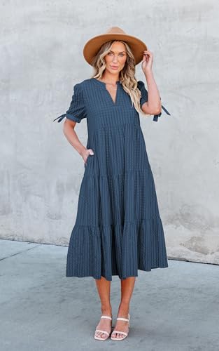 ECOWISH Women Summer Casual Dress - V Neck Short Sleeve Gingham Midi Pleated Tiered Loose Fit Holiday Picnic Dresses4