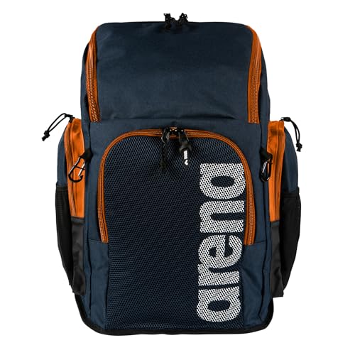 ARENA Mochila de equipo de 45 L para atletas de natación, deportes, gimnasio, equipo de entrenamiento, bolsa de natación para hombres y mujeres, 45 litros, azul marino y naranja