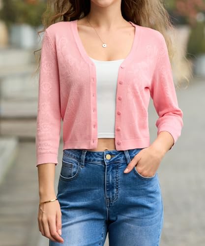 Image of Belle Poque Womens Summer Cropped Cardigan Sweaters Lightweight Crochet Bolero Shrugs 3 /4 Sleeve Button Down V Neck Cardigans