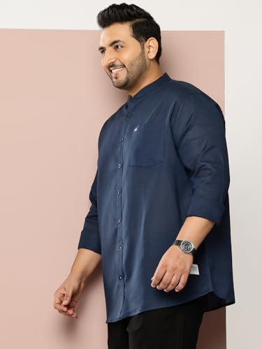 Image of Thomas Scott Men's Solid Cotton Linen Casual Shirt | Full Sleeve | Regular Fit | Mandarin Collar