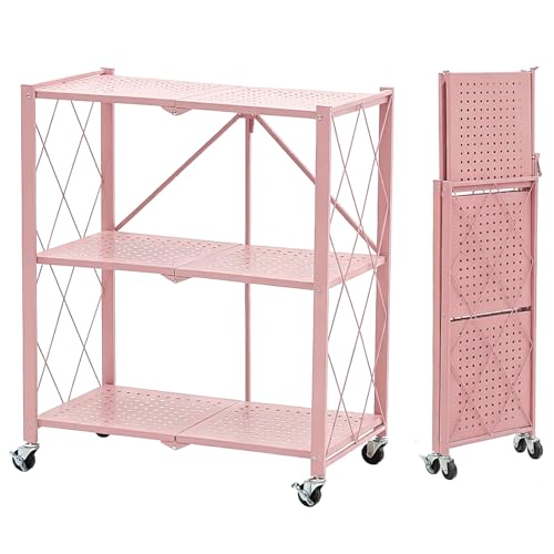 Image of BRIAN & DANY 3-Tier Foldable Storage Shelves with Wheels, No Assembly Folding Shelf Metal Rack, Shelving Unit for Kitchen, Garage, Pink