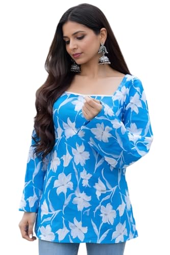 Image of Rayon Floral Print Short Kurti for Women | Square Neck Long Sleeve Top for Women | Criss Cross Back Desing Kurti | Soft Breathable Fabric | Relaxed Fit | Casual and Office Wear