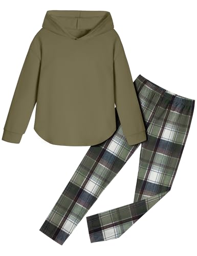 Fuermos Girls Fall Outfits Pullover Sweatshirt Hooded Tops and Plaid Pants Sets Girls Clothes Size 7-8