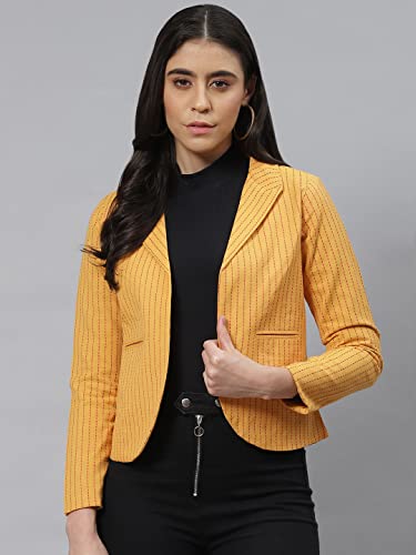 Image of Cottinfab Mustard Yellow Striped Open Front Blazer