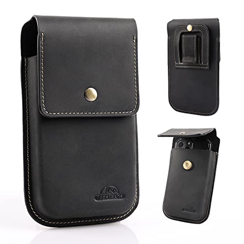 Image of Topstache Leather Cell Phone Holster for iPhone 17 /16 /15 Pro Max & Plus - Magnetic Closure Cell Phone Case with Belt Clip - Leather Belt Pouch for Galaxy S25 /S24 /S23 Ultra & Plus, XL,Black
