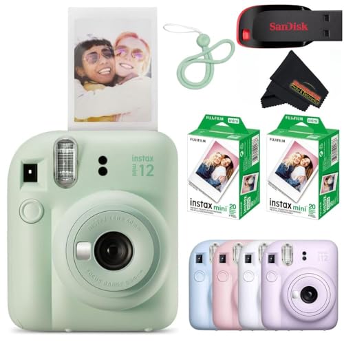 Fujifilm Instax Mini 12 Instant Camera Mint Green with 40 Sheets Fujifilm Instax Mini Film Bundle, Sunshine Photo Microfiber Cleaning Cloth Included