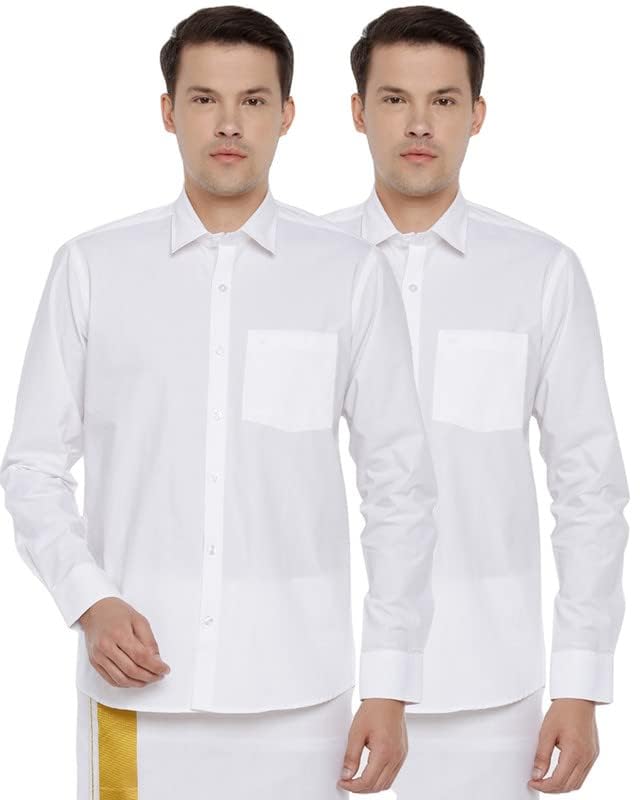 Image of UATHAYAM Double Delight Cotton Full Sleeve Solid Trending White Formal Shirt for Men Pack of 2
