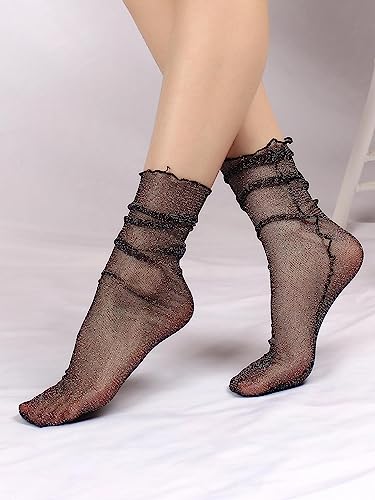 Image of SHENHE Women's Glitter Socks Sheer Slouchy Lettuce Trim Sparkly Party Mini Crew Socks Black Red Multi one-size