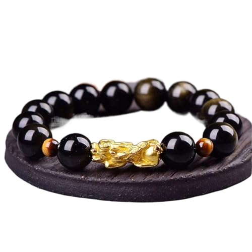 NuALLy Bracciale uomo, bracciale occhio di tigre, Bracciale Feng Shui placcato oro 3DPiyao Oro naturale Ossidiana Rotonda Perlina Cristallo Rigido Soldi Prosperità 12mm (Color : Golden_12mm)