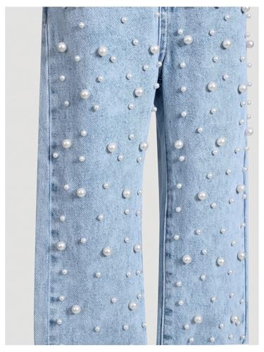 WDIRARA Toddler Girl's Pearls Jeans Elastic Waist Straight Leg Denim Pants4