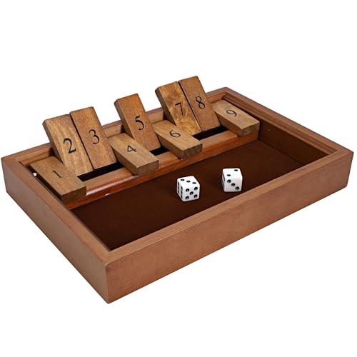 WE Games Shut The Box Game Wooden – 9 Number Flip Tiles with Dark Stained Wooden Box, Perfect for Game Night, Math Games, Clackers, Family Games,...