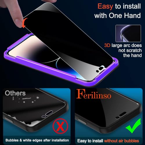 Image of Ferilinso Privacy Screen Protector for iPhone 14 Pro, Tempered Glass | 3 Pack, 9H+ Hardness, Military-Grade Shatterproof, Case Friendly, Easy Installation Bubble Free, with Camera Lens Protectors