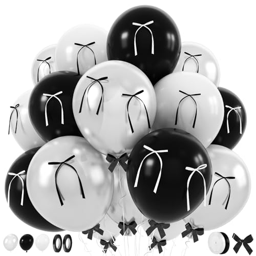 Black and White Bow Balloons 60pcs Pearl White Black Balloons with Diy Ribbon Bow for Women Girls Coquette Birthday Wedding Bridal Baby Shower Bachelorette Engagement Anniversary Party Decorations