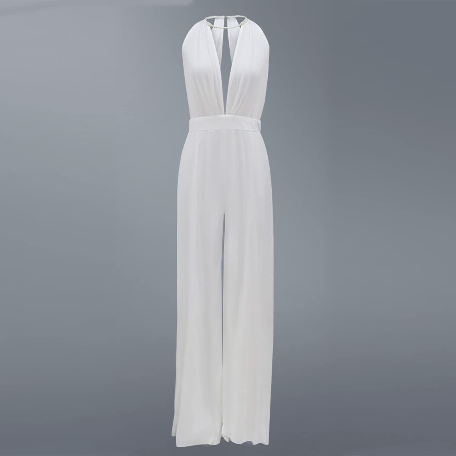 Tuta da Donna Sottile a Maniche a Halterneck Slim Open Back Sexy Scollo A V Bianche Jumpsuit Pantaloni Vestito Abito Elegante Cerimonia