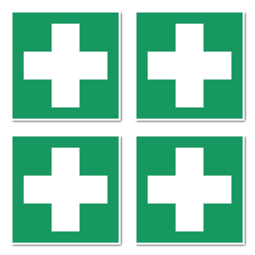 First Aid Rescue Sign E003 - DIN EN ISO 7010 / ASR A1.3 - Sticker 10cm - Pack of 4, Green, 10 cm