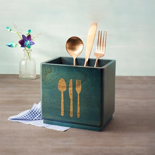 Image of Ellementry Blue Wooden Cutlery Holder & Organizer Stand for Spoons, Forks & Knives, Modern Counter Top Tableware Storage Box for Kitchen & Dining Table, Utensil Organizer for Home & Office