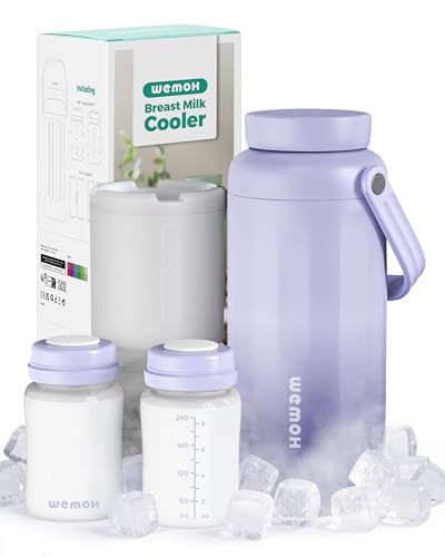 Image of WEMOH Breast Milk Cooler Bottle - 12H+ Ice-Cold/24H Safe Storage, Compatible with Spectra Pumps, TSA Approved Travel Chiller, 18oz (2x9oz) Lightweight Leakproof Container for Work, Purple