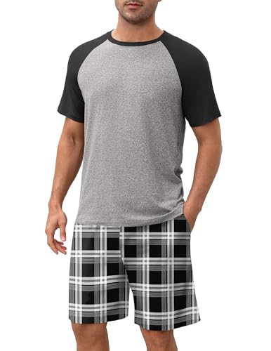 Ekouaer Pijamas Verano Suave Transpirable Pijama de 2 Piezas con Cuello Redondo, Cuadros Grises Negros, XL
