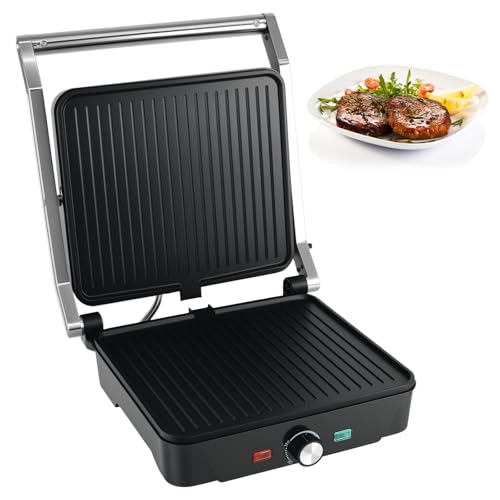 kisidus Parrilla Eléctrica, Grill, Sandwichera y Panini 2000W, Regulador de temperatura, apertura 180º, antiadherente, placa superior flotante, Cajetín Recogegrasa, 28 x 25 cm