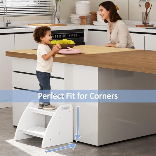 Image of Bamboo 2 Step Stool 300lbs Capacity, Wooden Two Step Stool with Non-Slip Handles, Heavy Duty Stepping Stool for Bedside High Beds Adults, Sturdy Small Bathroom Kitchen White Step Stool