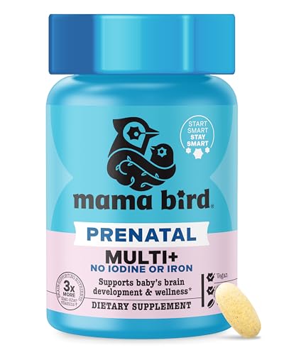 Mama Bird - Prenatal Multi+ No Iodine or Iron (30 Servings) Prenatal Vitamins for Women - 30+ Essential Nutrients, Baby Brain Health - L-Methylfolate & Probiotics - Vegan, Gluten Free, Non GMO