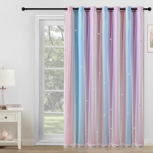 Image of Extra Wide Curtains 84 Inches Long 100 Inch Wide for Girls Bedroom Patio Sliding Door Kids 80% Blackout Curtains for Nursery Room Darkening Rainbow Princess Unicorn Wall 1 Panel 100Wx84L Pink Purple
