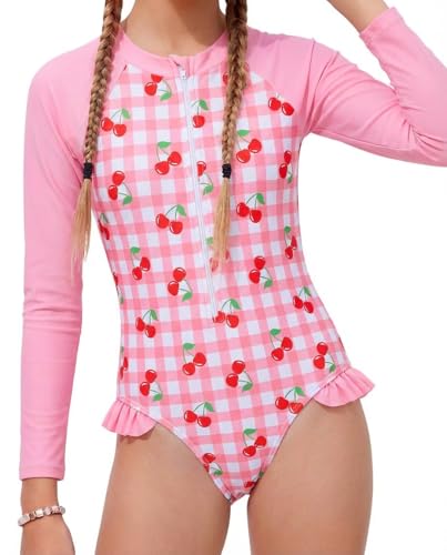 Image of JiAmy Girls Swimsuit Swimming Costume Long Sleeve One-Piece UV Protection Swimwear Summer Rash Guard Bathing Suits Pink Cherries 3-4 Years