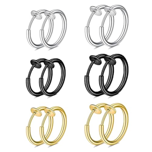 FENQURO 6 Paires de boucles d'oreilles clips en acier inoxydable pour femmes, fausse boucle d'oreille homme, hommes ou filles, sans perçage, imitant les...
