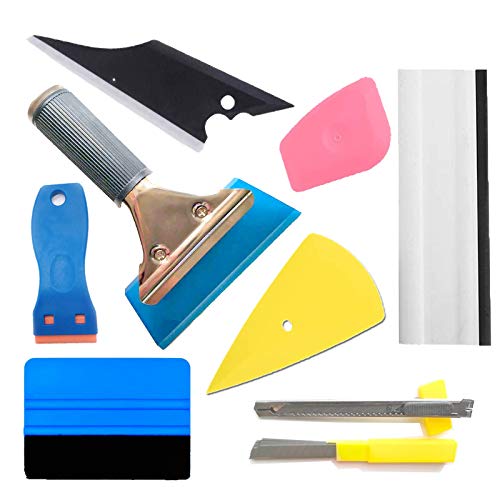 9PCS Window Tint Tools, Vehicle Glass Protective Film Car Window Wrapping Tint Vinyl Installing Tool: 4 Inch Felt Squeegee, Retractable 9mm Utility Knife and Snap-Off Blades,Film Cutters