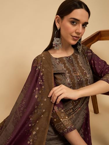 Image of SheWill Kurta Sets for Women - Red Rayon Aari Hand Work with Digital Floral Print Kurta with Pant and Chanderi Dupatta |Stylish Printed Summer Kurti Set