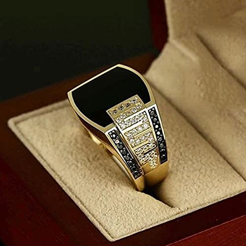 Fashion Cuban Link Chain Ring Classic Retro Color-Preserving 18K Gold Plated with Black Agate, Luxury Fashion Successful Gentleman Diamond Ring Hip Hop Ring for Men (9)3