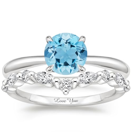 Aquamarine Engagement Ring Sets for Her Women, 10K 14K 18K Solid Gold 1-2 Carat Radiant/Emerald/Pear/Oval Cut Aquamarine Wedding Ring Sets Bands Gift for Anniversary Birthday3