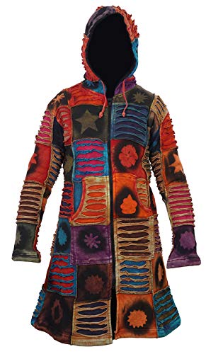 Womens Patchwork Stencil Star Print Hooded Boho Jacket, Multicoloured Gothic Full Zip Long Coat
