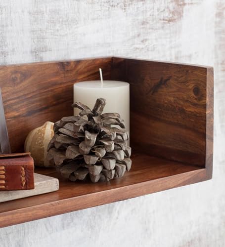 Image of Solid Wood Floating Wall Shelves (Set of 3) | Premium Wooden Wall Mounted Shelves for Living Room, Bedroom & Office Decor | Teak Finish | 28 /34 /46 Inch