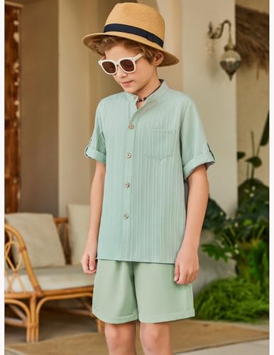 Image of Arshiner Boy's 2 Piece Beach Outfit Short Sleeve Textured Button Down Shirt and Short Sets Summer Vacation Wear 4-12 Years