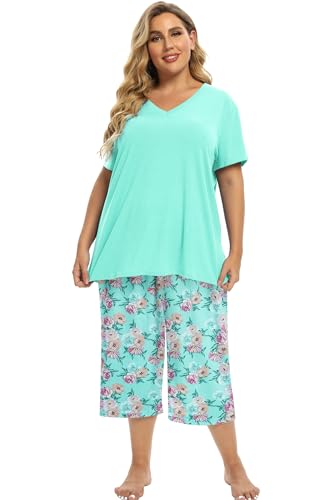Image of Vozanet Women's Pajamas Set Soft V Neck Sleepwear Top and Capri Pj Lounge Sets Cartoon Heart Shape Cat Nighty Plus Size