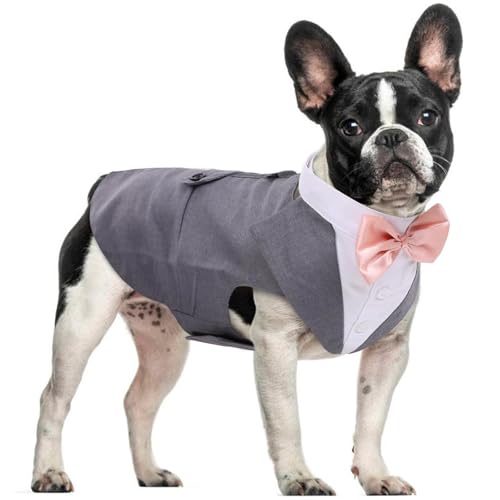 DORA BRIDAL Dog Tuxedo for Small Dogs,Dog Suit and Bowtie, Formal Dogs Wedding Outfit, Pet Tuxedo and Bandana Set Valentines Birthday Christmas Party Costumes for French Bulldog, Pomeranian, Grey, S
