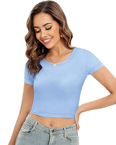 4 Pack Women's Basic Tight Short Sleeve Women Cute Trendy Crop Tops Scoop Neck Crop For Women Or Teen Girls (Black, White, Pink, Blue, Small) #TOP3