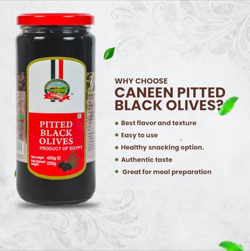 Image of CANEEN Pitted Black Olives - 450 gm (Pack of 1) | Ideal for Salads, Pizzas, Snacks, Tapenade, Antipasto Platter, Stuffed Dishes, and Garnish | Fresh, Delicious, Ready to Eat