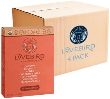 Lovebird Gluten Free Cereal - Organic Grain Free Cereals Paleo AIP Dairy Free Keto Friendly No Refined Sugar Healthy Snacks for Kids, Adults (Cinnamon, 4 Pack)