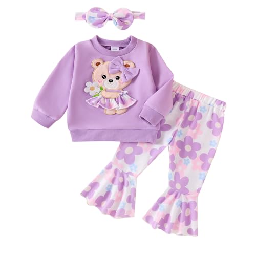 Baby Girl Clothes Fall Winter Long Sleeve Bear Cartoon Sweatshirt Flare Pants Bow Headband Set 6 Months-4 Years Old